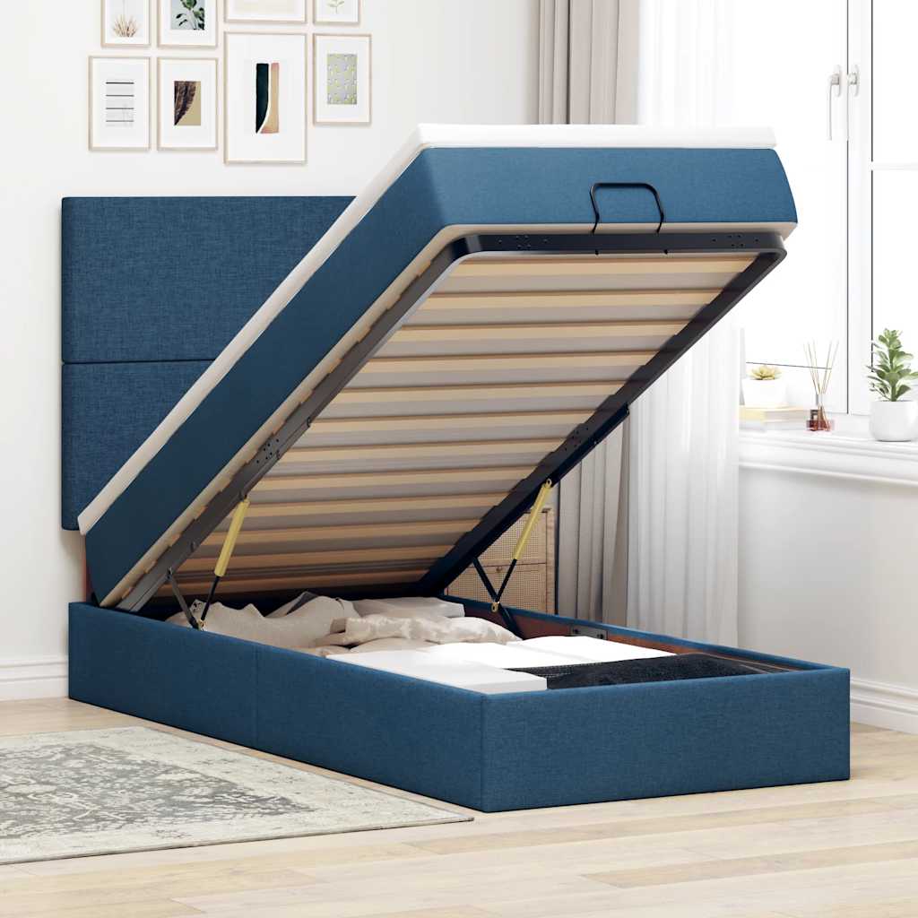 Pouf Letto con Materasso e LED Blu 90x200 cm in Tessuto