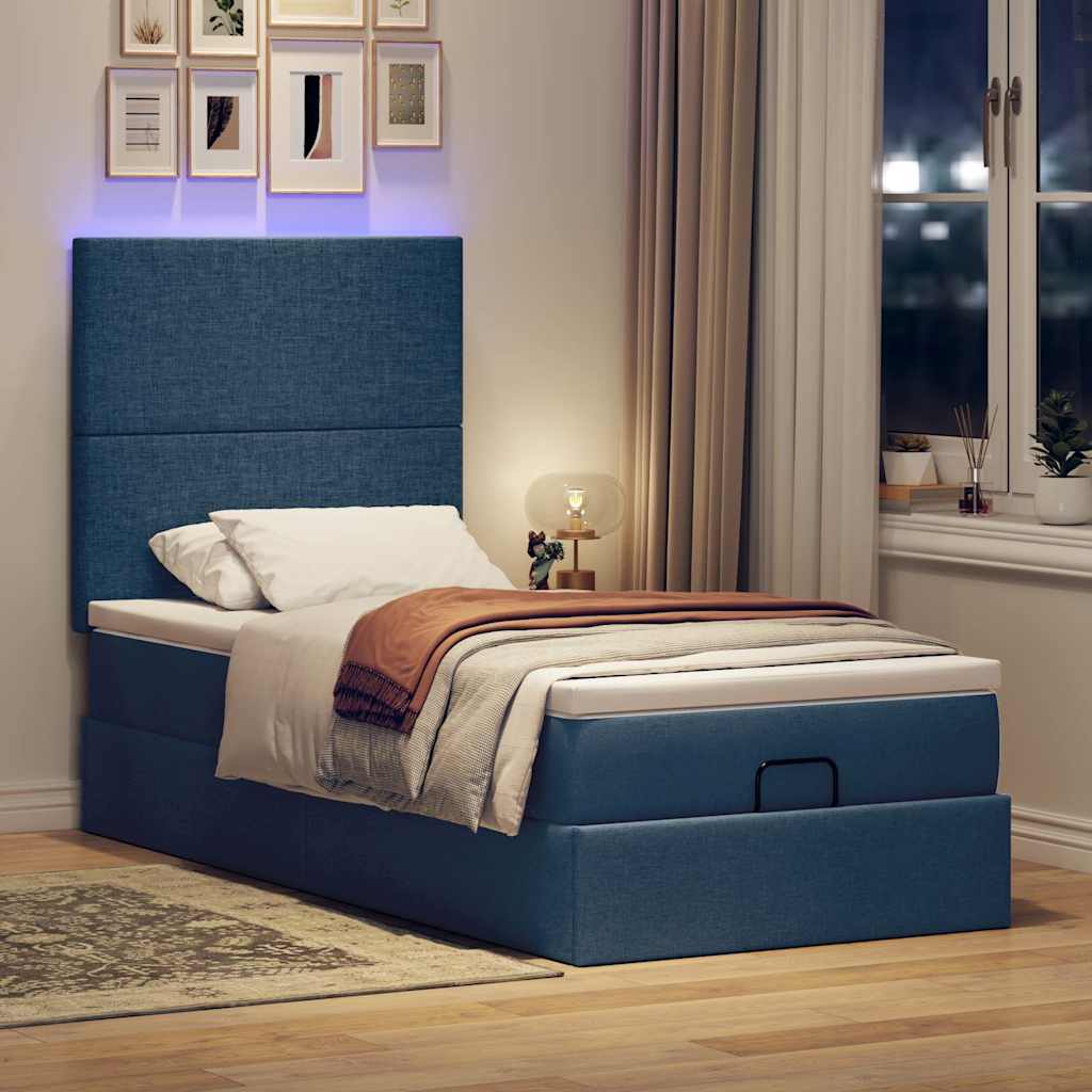 Pouf Letto con Materasso e LED Blu 100x200 cm in Tessuto