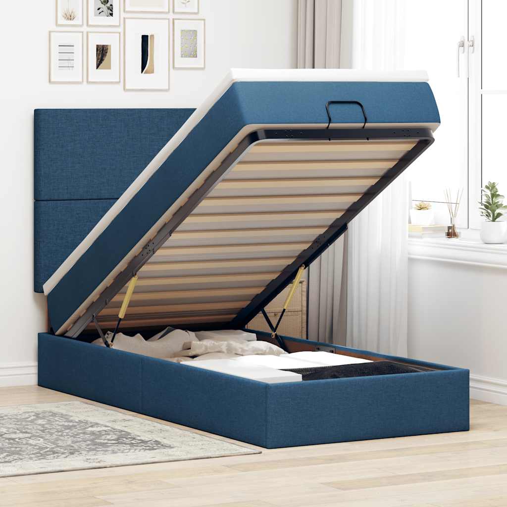 Pouf Letto con Materasso e LED Blu 100x200 cm in Tessuto
