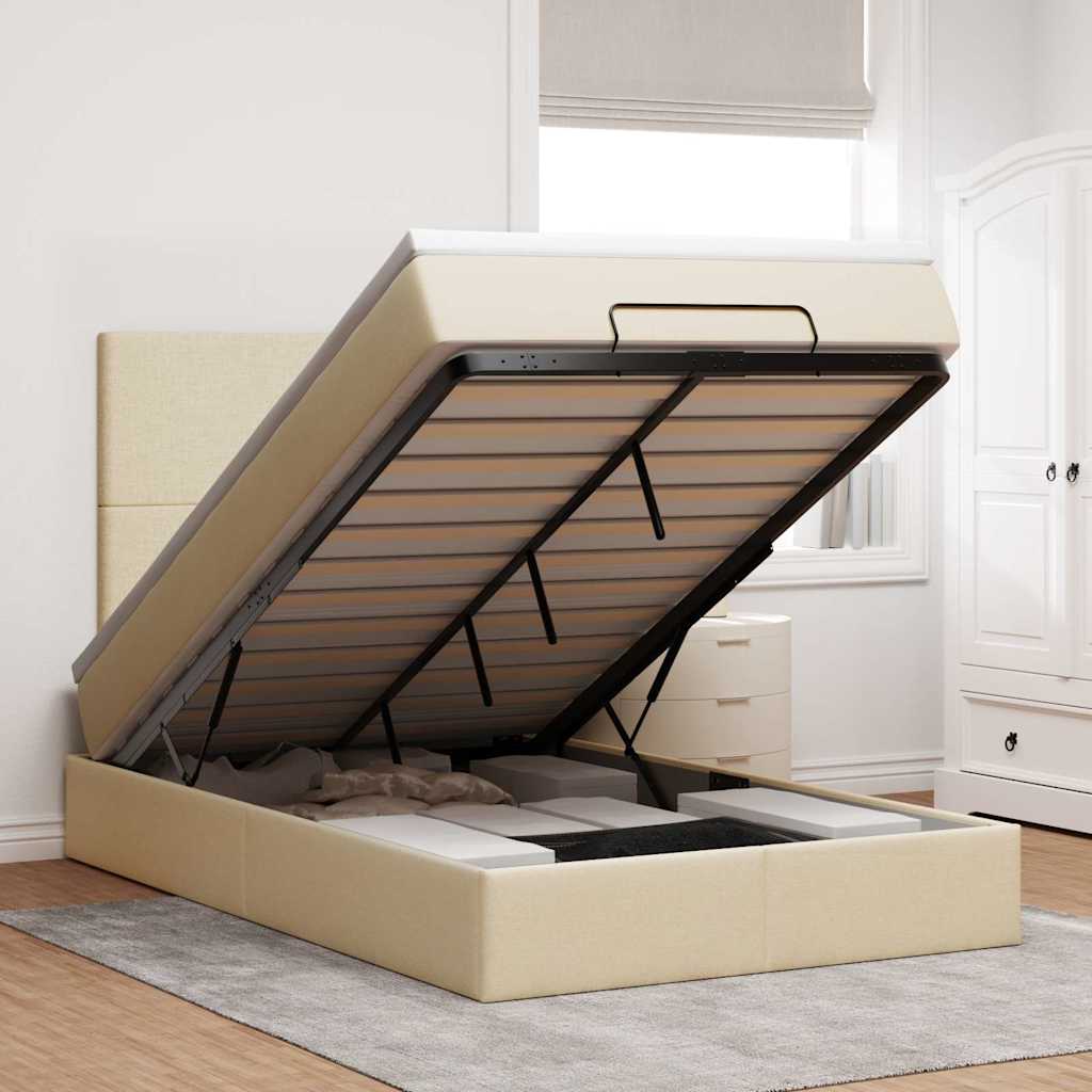 Struttura Letto Pouf con Materasso Crema 120x190 cm in Tessuto