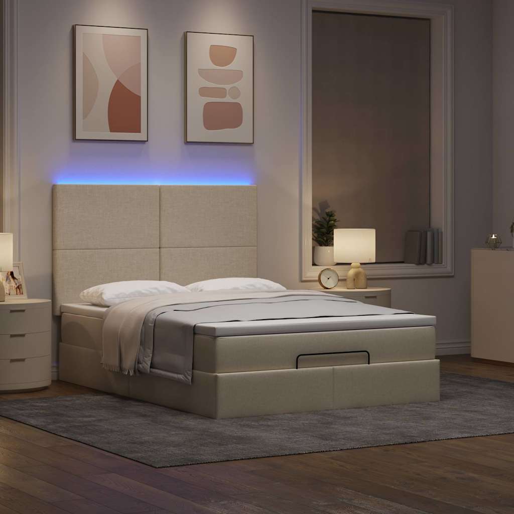 Struttura Letto Pouf con Materasso Crema 140x190 cm in Tessuto | homemem39