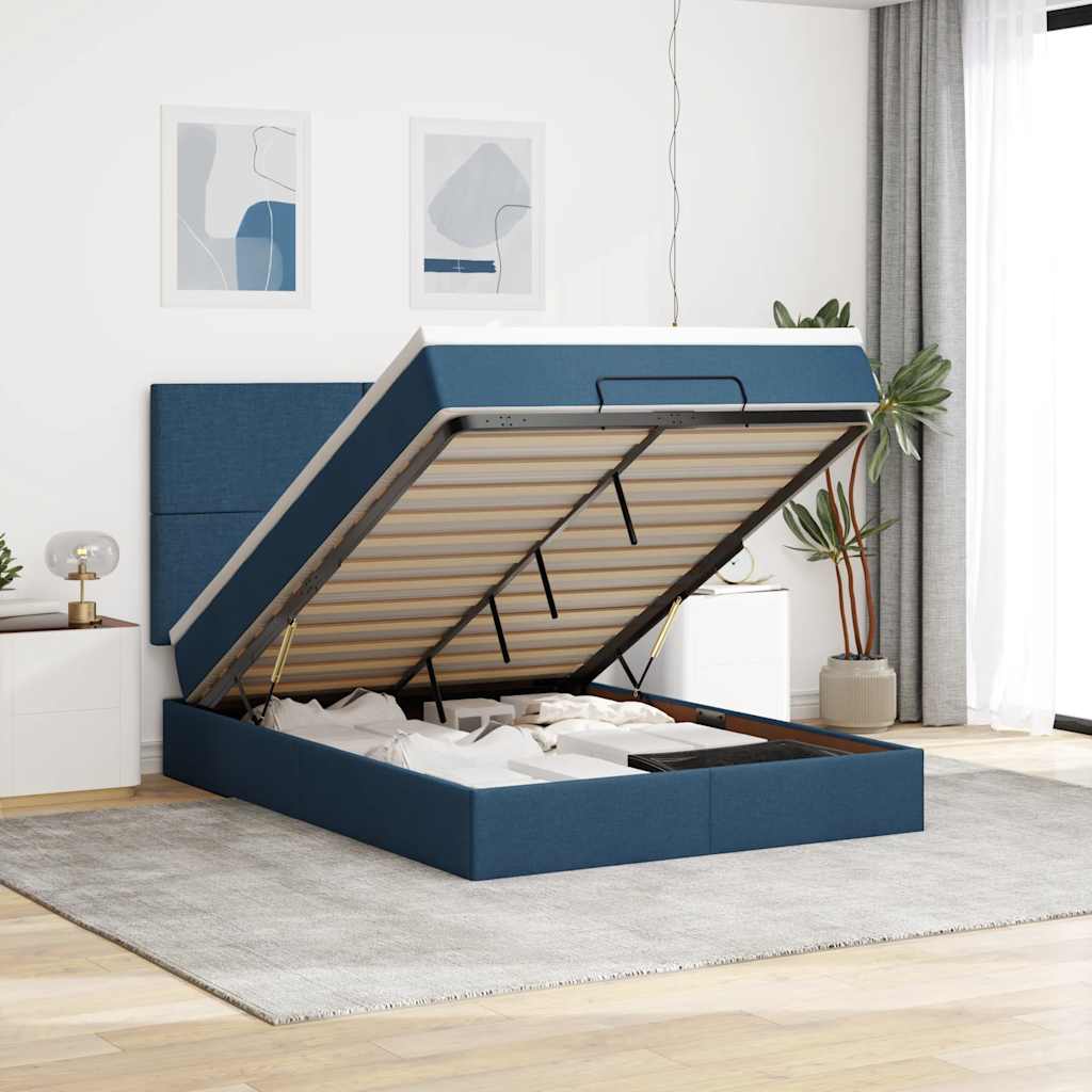 Struttura Letto Pouf con Materasso Blu 140x190 cm in Tessuto | homemem39