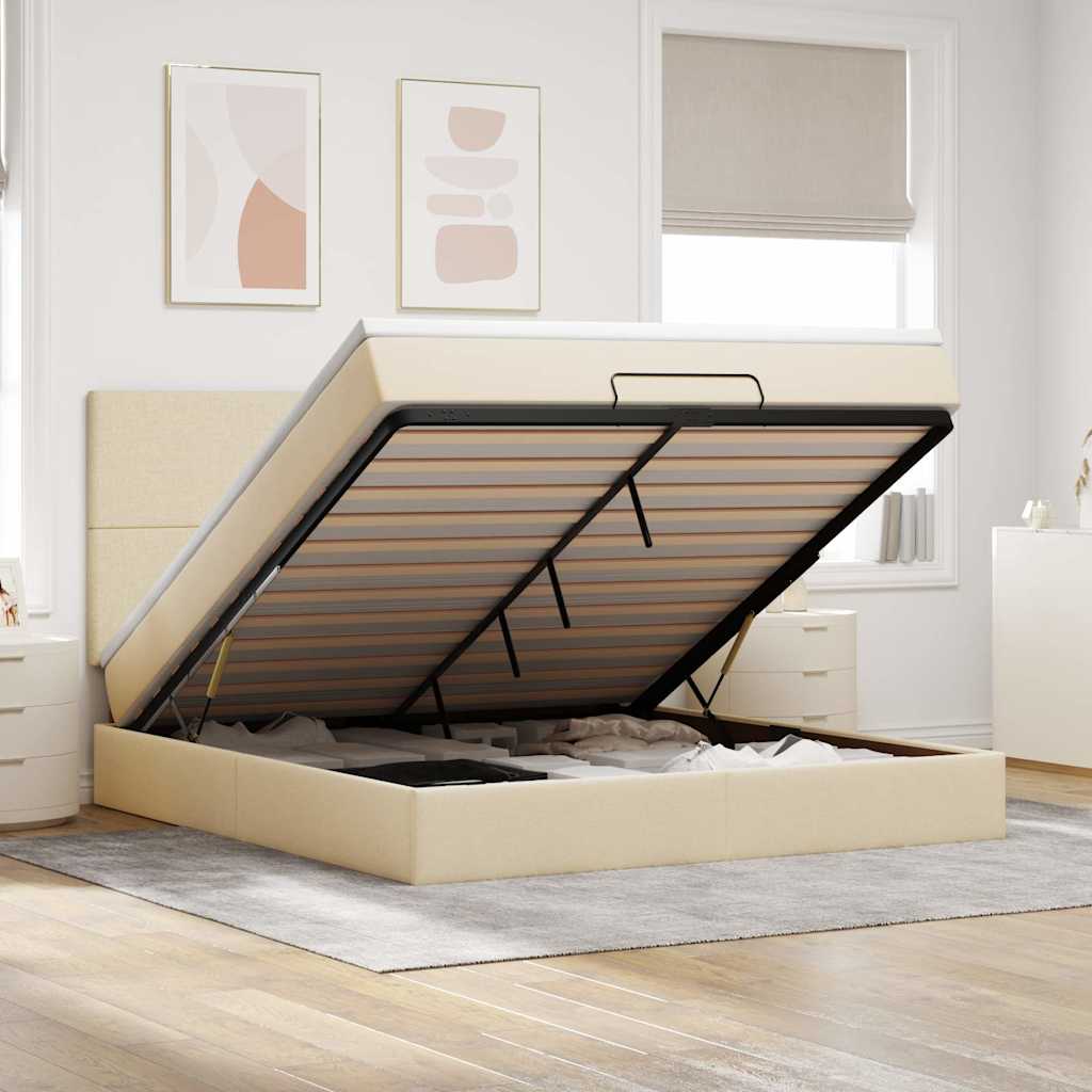 Struttura Letto Pouf con Materasso Crema 160x200 cm in Tessuto | homemem39