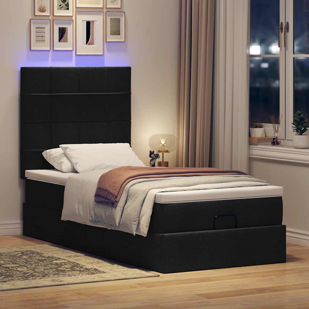 Pouf Letto con Materasso e LED Nero 80x200cm in Tessuto