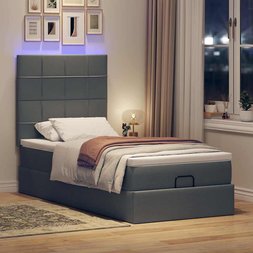 Pouf Letto con Materasso e LED Grigio Scuro 90x200 cm Tessuto