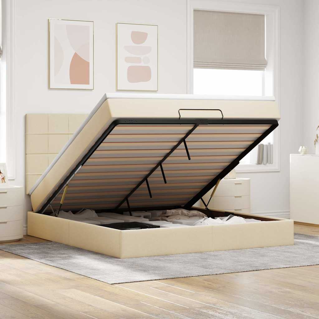 Struttura Letto Pouf con Materasso Crema 160x200 cm in Tessuto | homemem39