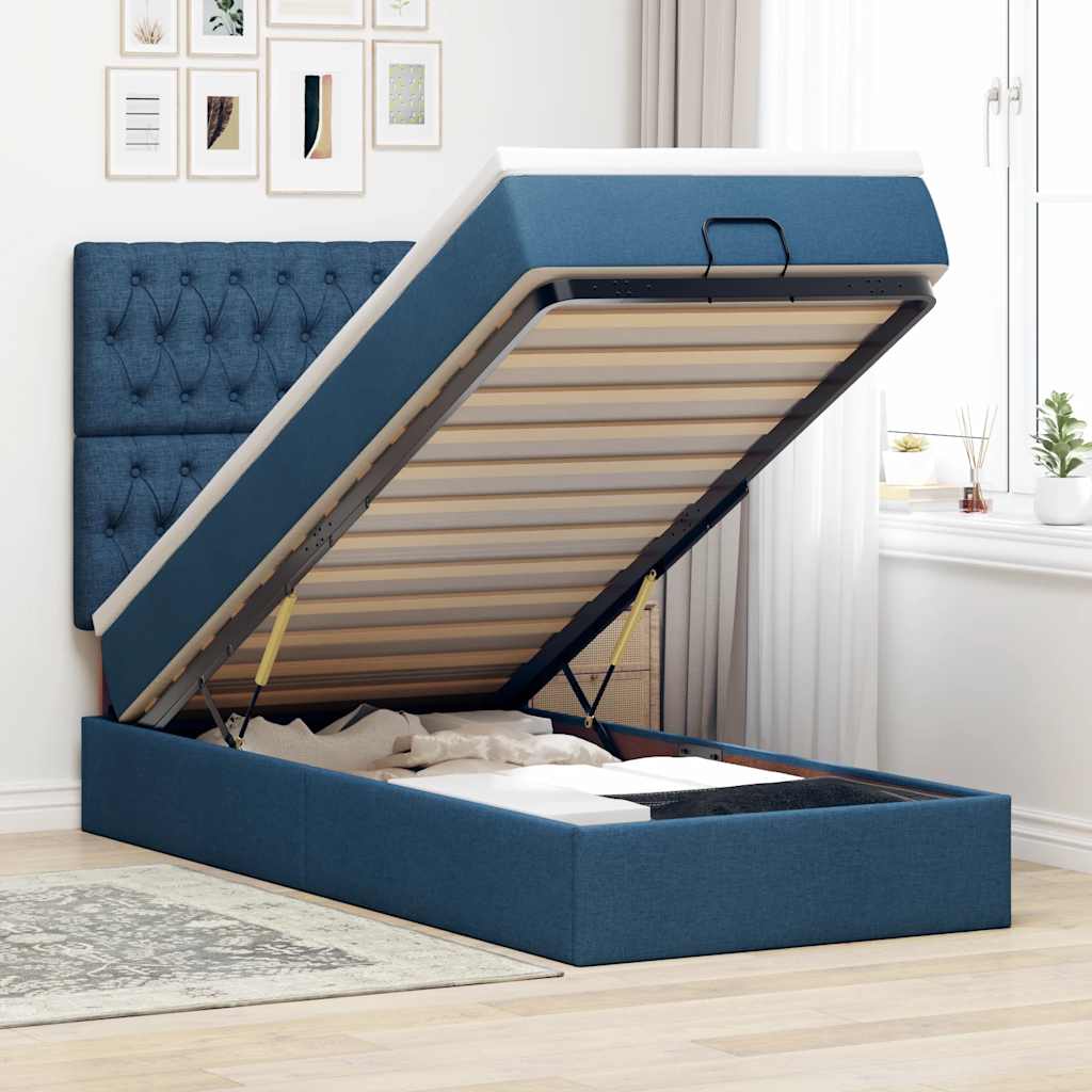 Struttura Letto Pouf con Materasso Blu 90x190 cm in Tessuto