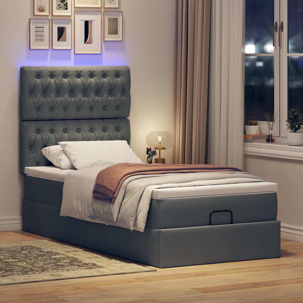 Pouf Letto con Materasso e LED Grigio Scuro 90x200 cm Tessuto