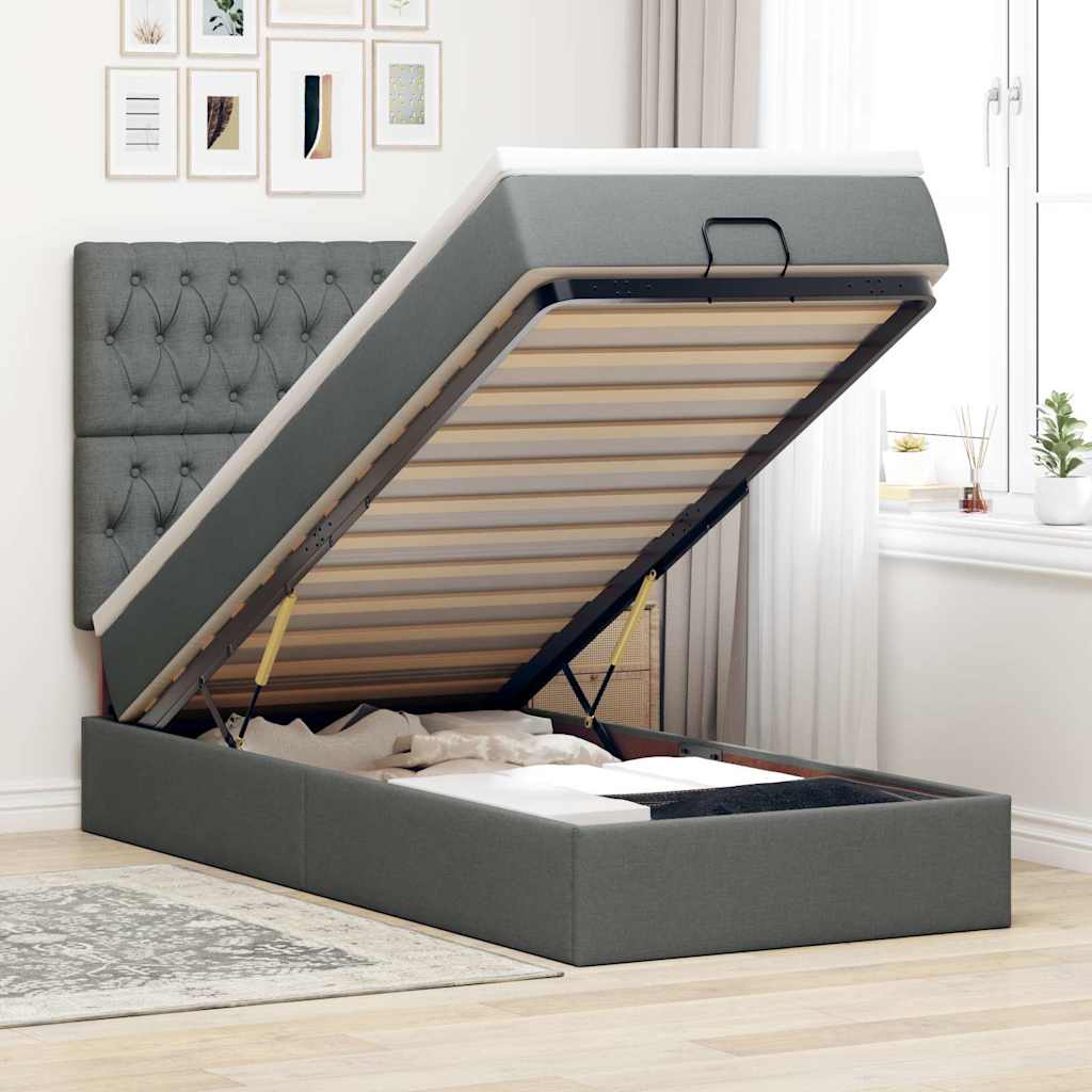 Pouf Letto con Materasso e LED Grigio Scuro 90x200 cm Tessuto