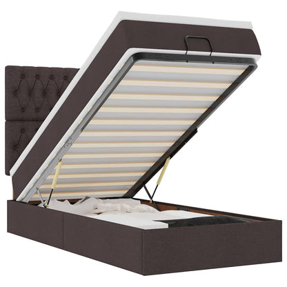Pouf Letto con Materasso e LED Marrone Scuro 90x200 cm Tessuto
