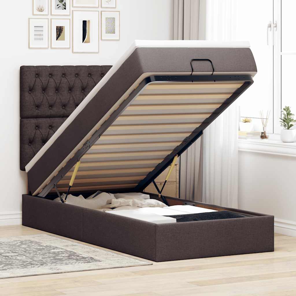 Pouf Letto con Materasso e LED Marrone Scuro 90x200 cm Tessuto