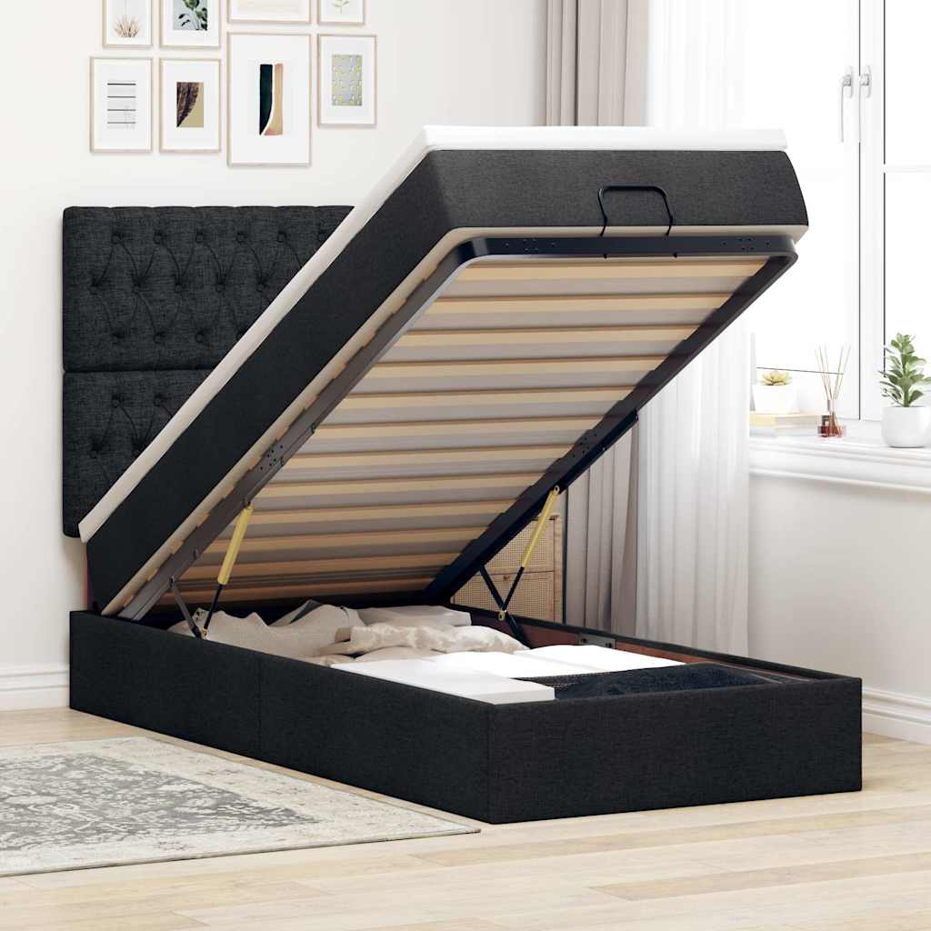 Struttura Letto Pouf con Materasso Nero 100x200 cm in Tessuto