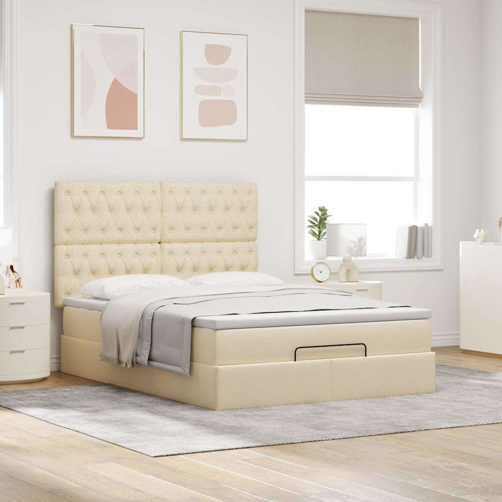 Struttura Letto Pouf con Materasso Crema 140x190 cm in Tessuto | homemem39
