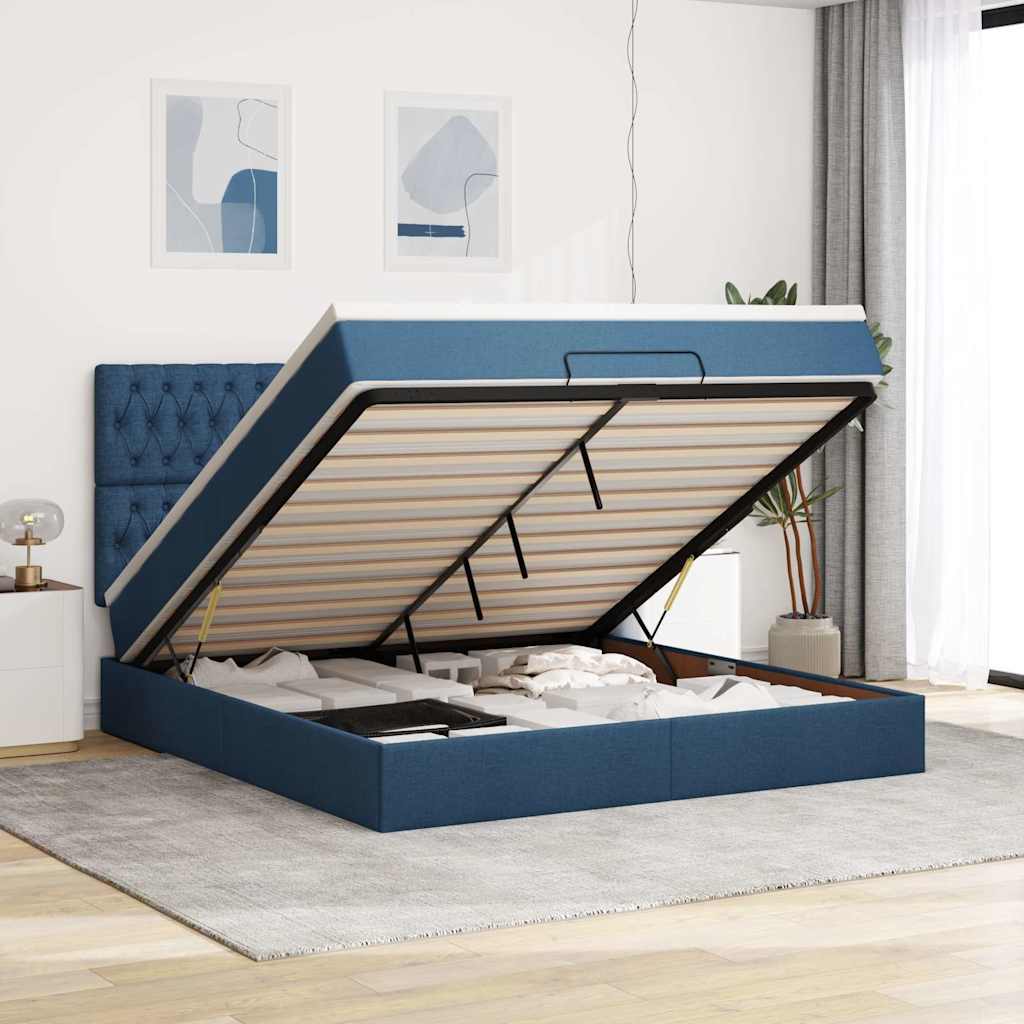 Struttura Letto Pouf con Materasso Blu 160x200 cm in Tessuto | homemem39