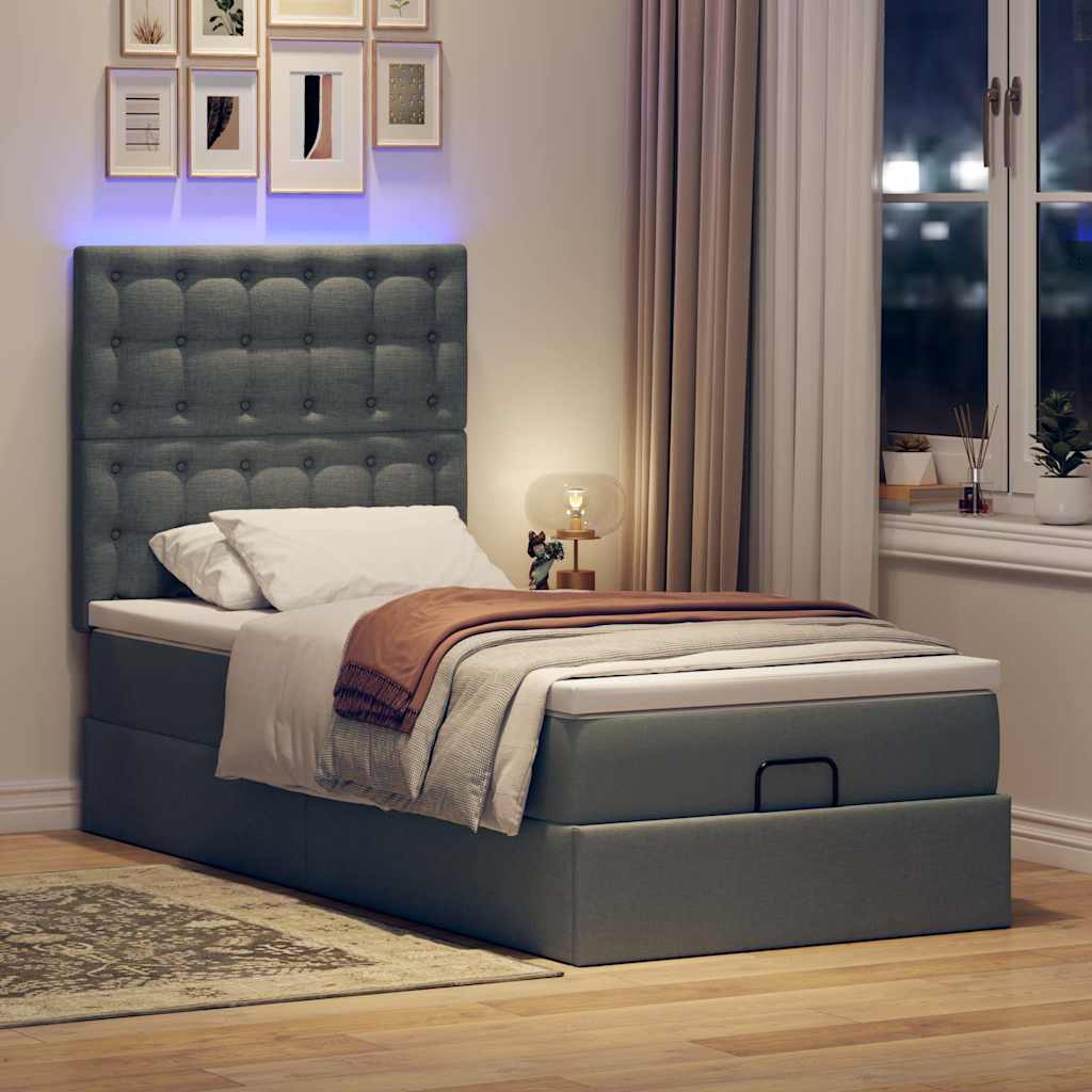 Pouf Letto con Materasso e LED Grigio Scuro 80x200cm in Tessuto