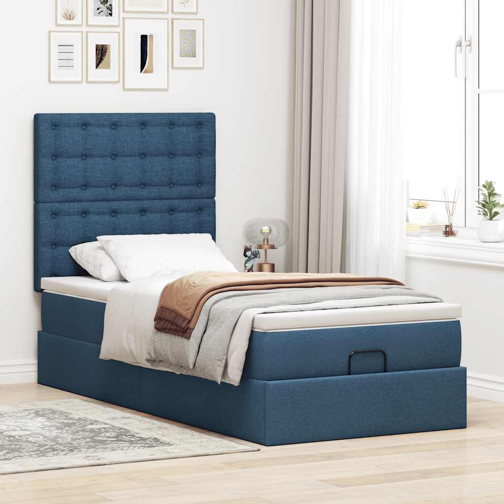 Struttura Letto Pouf con Materasso Blu 90x190 cm in Tessuto