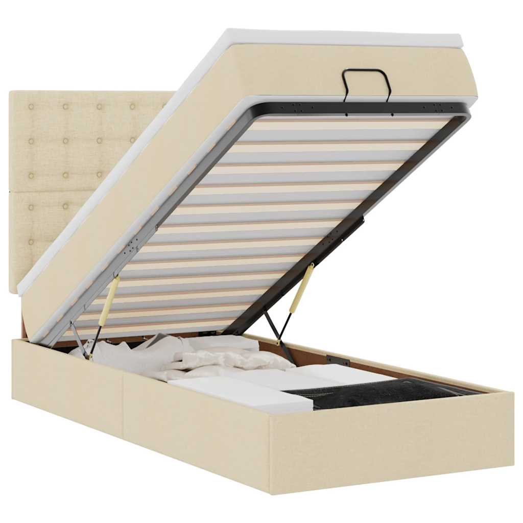 Pouf Letto con Materasso e LED Crema 90x200 cm in Tessuto