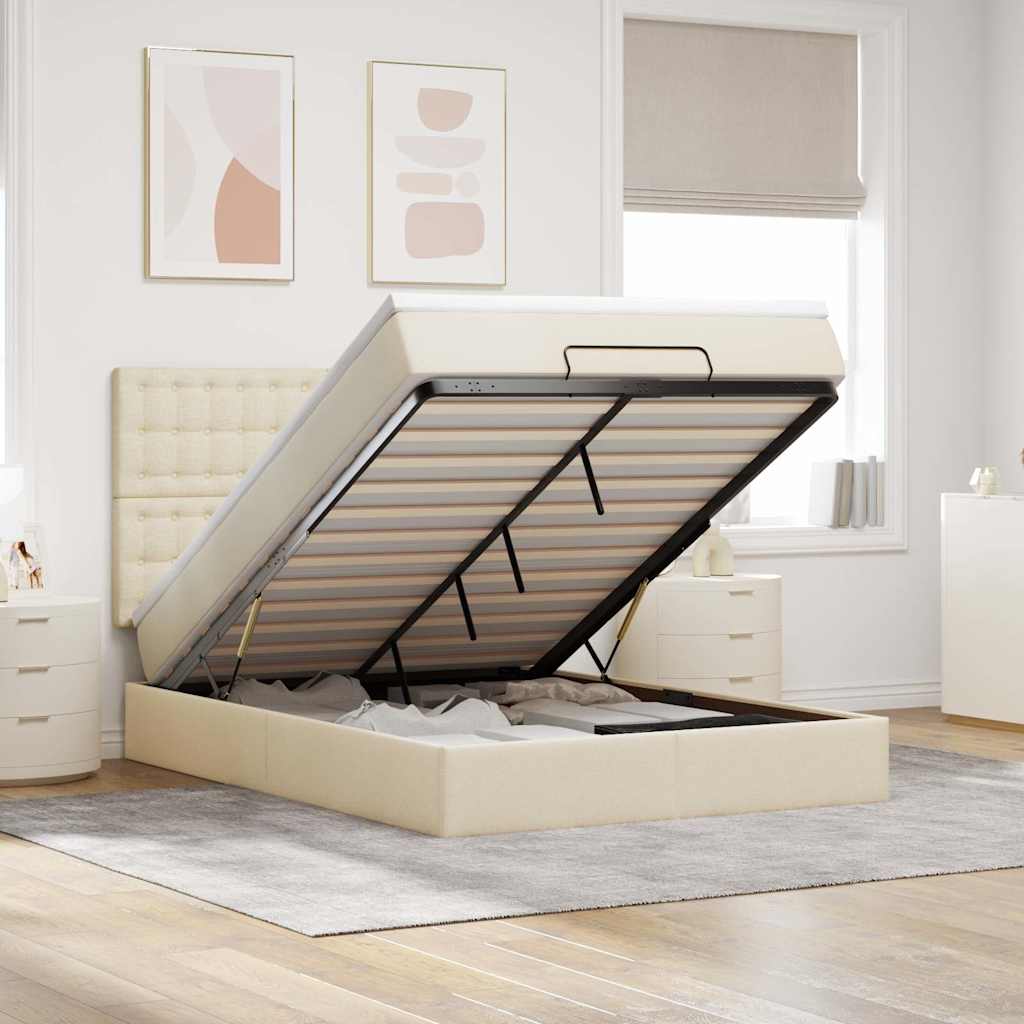Struttura Letto Pouf con Materasso Crema 140x190 cm in Tessuto | homemem39