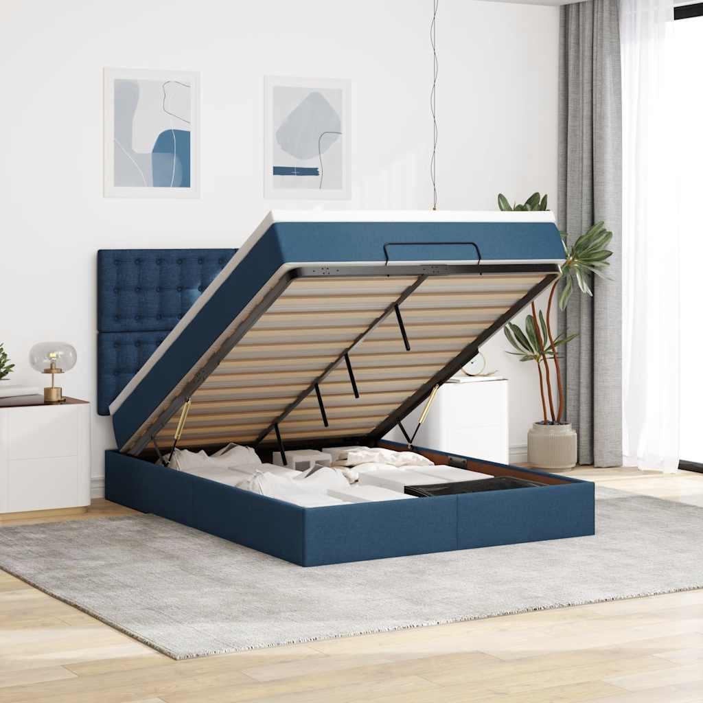 Struttura Letto Pouf con Materasso Blu 140x190 cm in Tessuto | homemem39