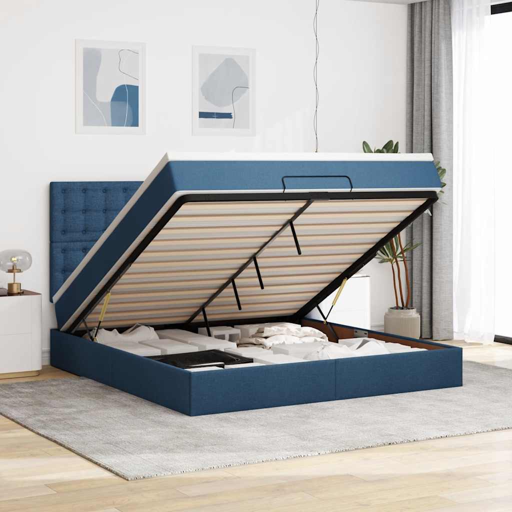 Struttura Letto Pouf con Materasso Blu 160x200 cm in Tessuto | homemem39