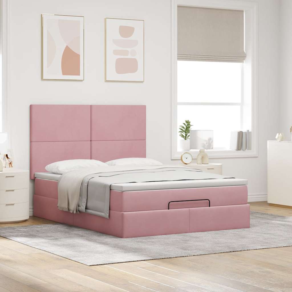 Struttura Letto Pouf con Materassi Rosa 140x200 cm in Velluto