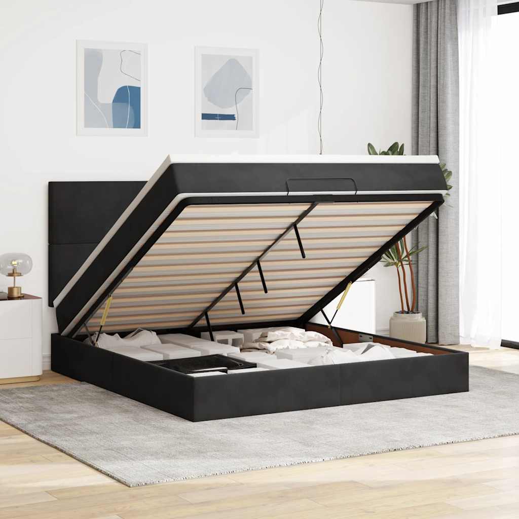 Struttura Letto Pouf con Materassi Nero 160x200 cm in Velluto