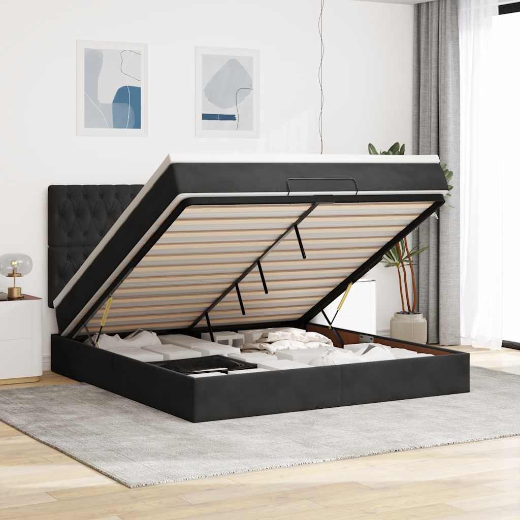 Struttura Letto Pouf con Materassi Nero 180x200 cm in Velluto