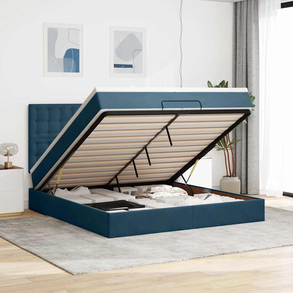 Pouf Letto con Materassi e LED Blu Scuro 200x200cm Velluto