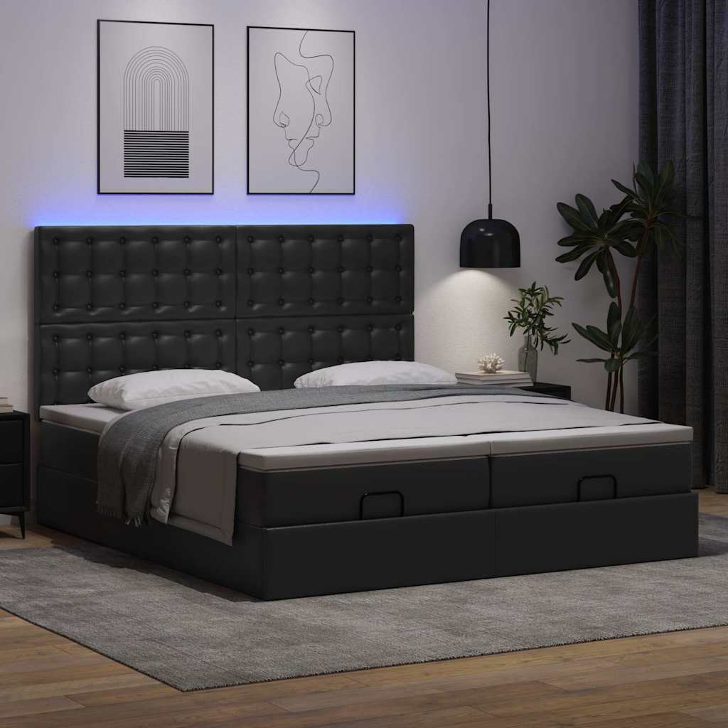 Struttura Letto Pouf con Materassi Nero 200x200 cm Similpelle