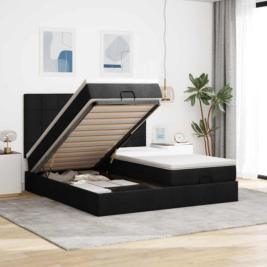 Struttura Letto Pouf con Materassi Nero 160x200 cm in Tessuto