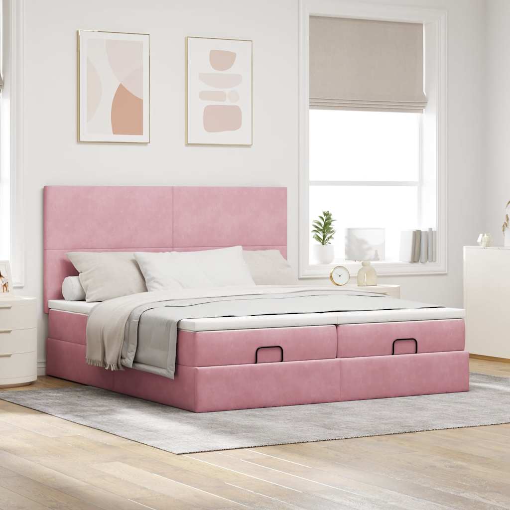 Struttura Letto Pouf con Materassi Rosa 160x200 cm Velluto