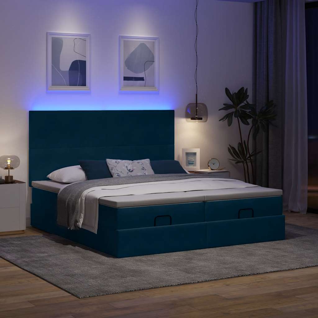 Pouf Letto con Materassi e LED Blu Scuro 200x200cm Velluto