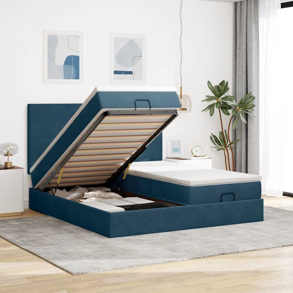 Pouf Letto con Materassi e LED Blu Scuro 200x200cm Velluto