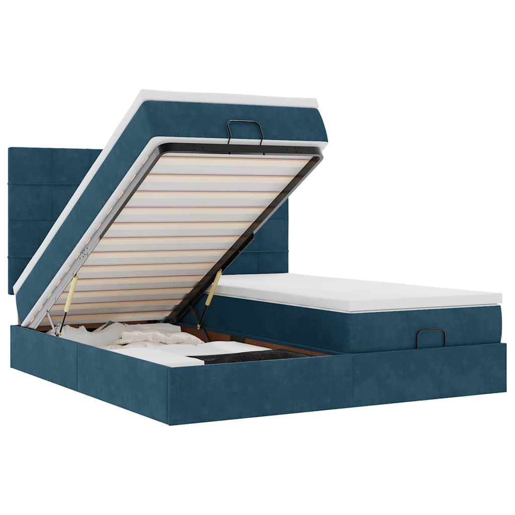 Pouf Letto con Materassi e LED Blu Scuro 200x200cm Velluto