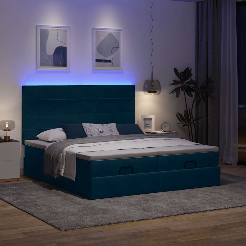 Pouf Letto con Materassi e LED Blu Scuro 200x200cm Velluto