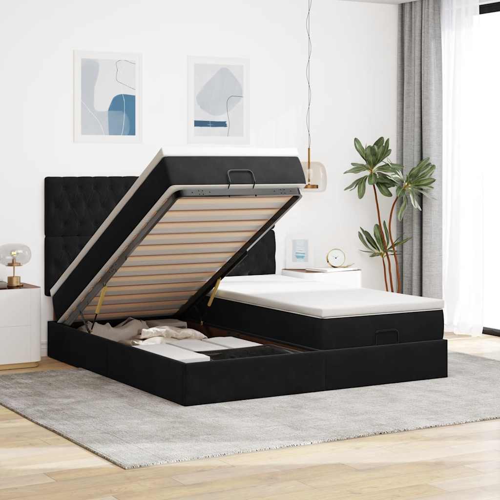 Struttura Letto Pouf con Materassi Nero 200x200 cm Velluto