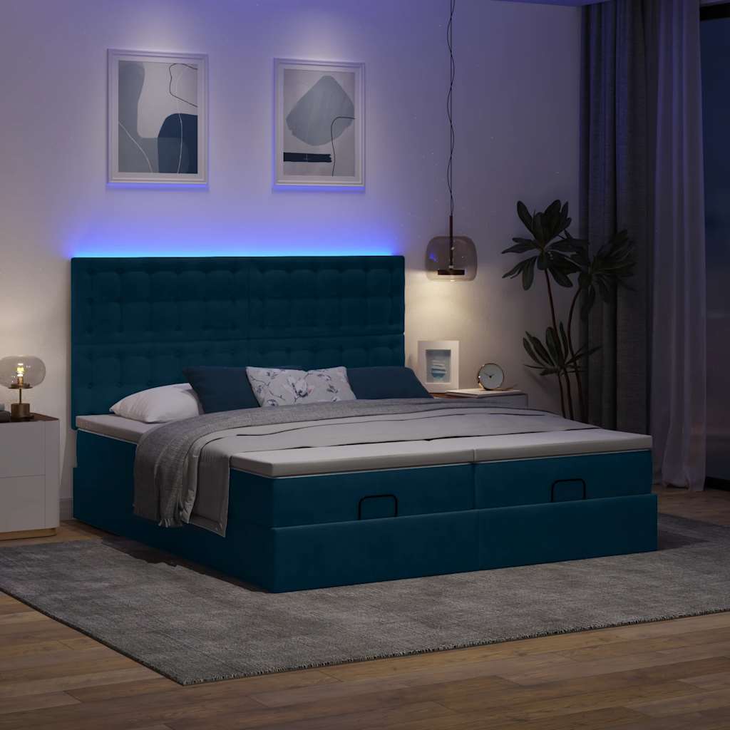 Pouf Letto con Materassi e LED Blu Scuro 200x200cm Velluto