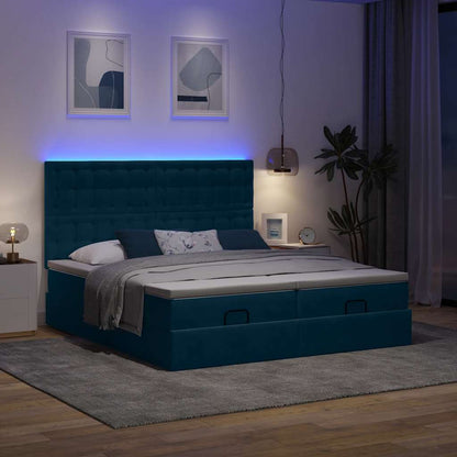 Pouf Letto con Materassi e LED Blu Scuro 200x200cm Velluto