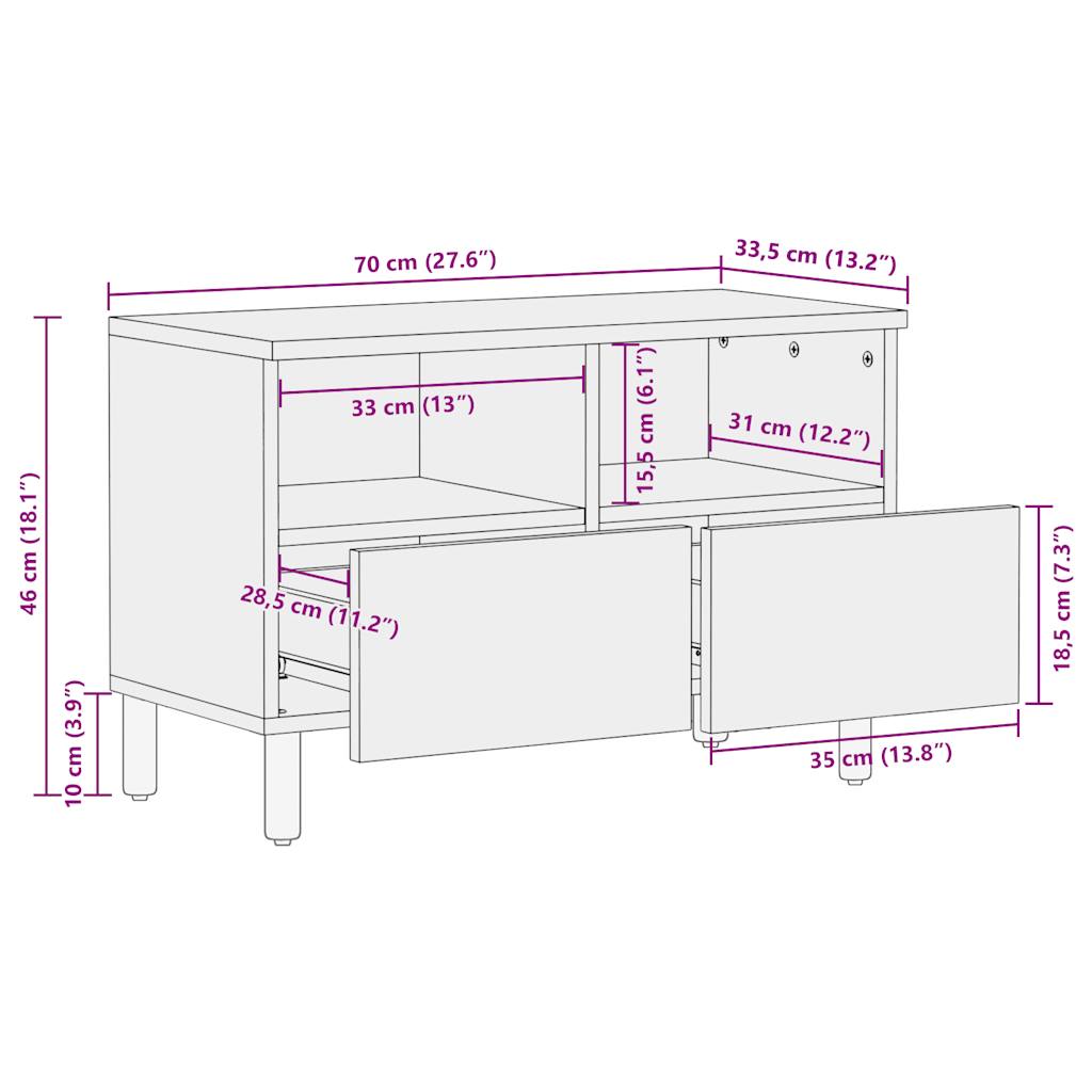 Mobile Porta TV Nero 70x33,5x46 cm Legno Massello Mango Grezzo | homemem39