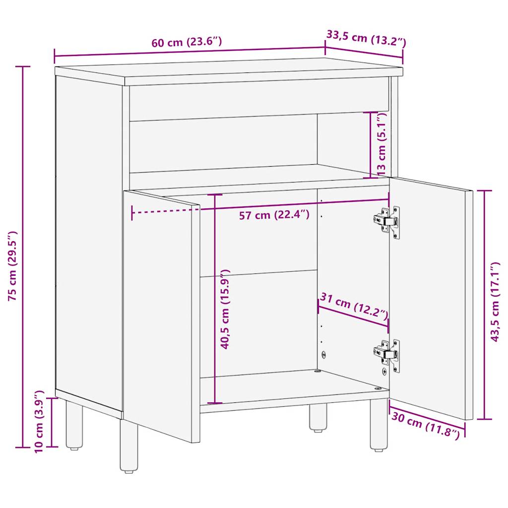 Credenza 60x33,5x75 cm in Legno Massello di Mango Grezzo | homemem39