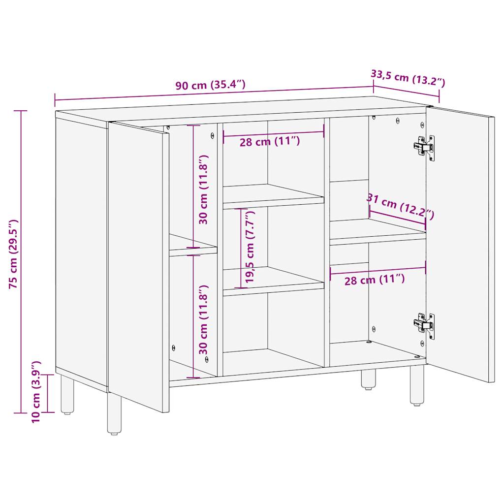 Credenza 90x33,5x75 cm in Legno Massello di Mango Grezzo | homemem39