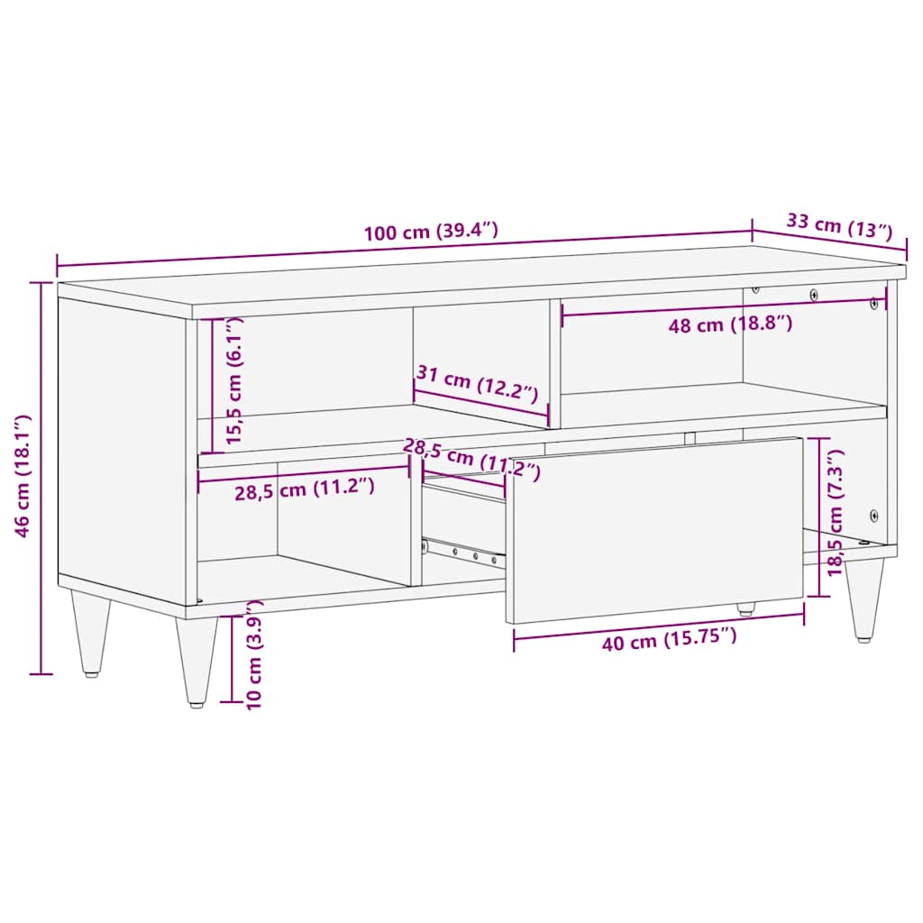 Mobile TV Nero 100 x 33 x 46 cm Legno di mango massello | homemem39