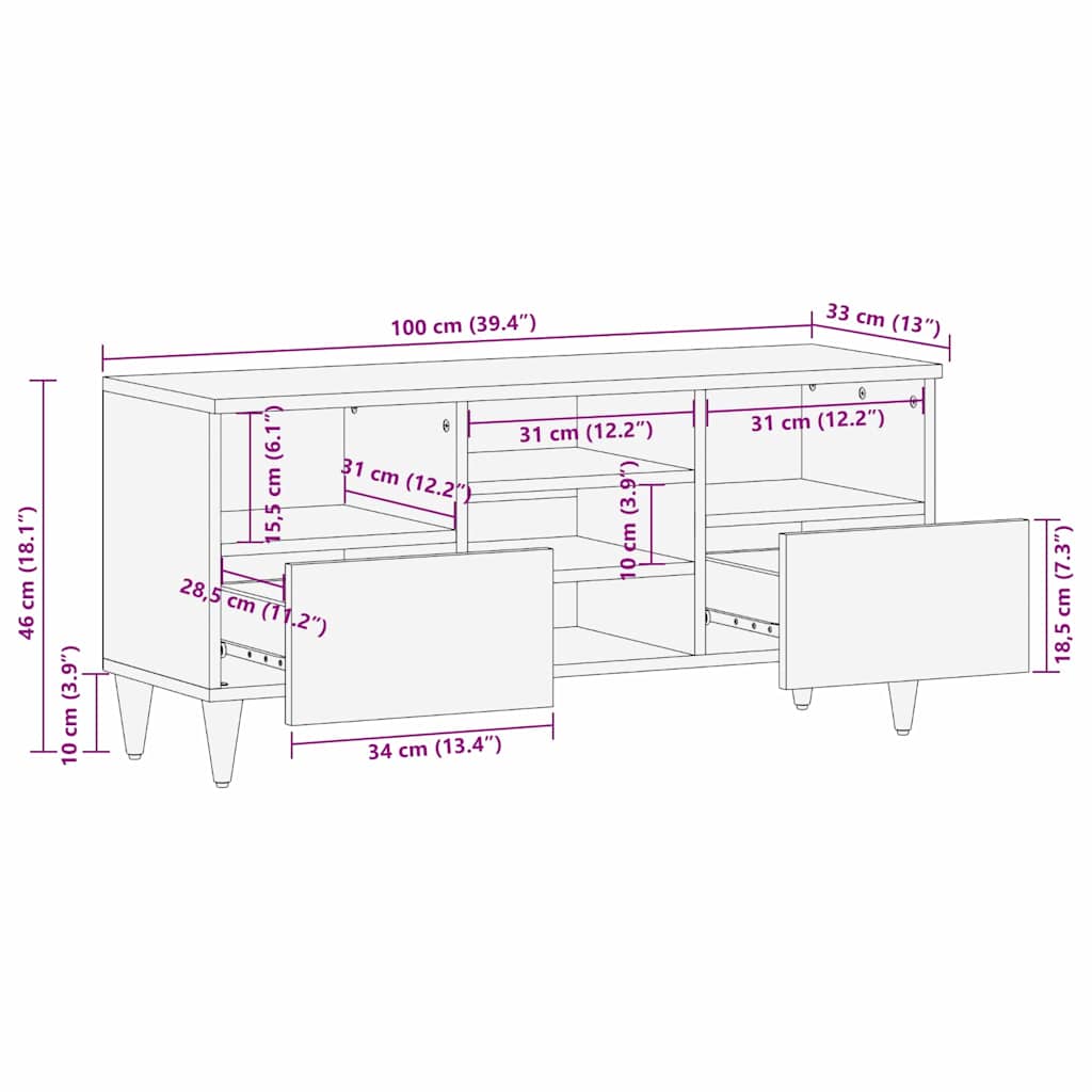 Mobile TV Nero 100 x 33 x 46 cm Legno di mango massello | homemem39