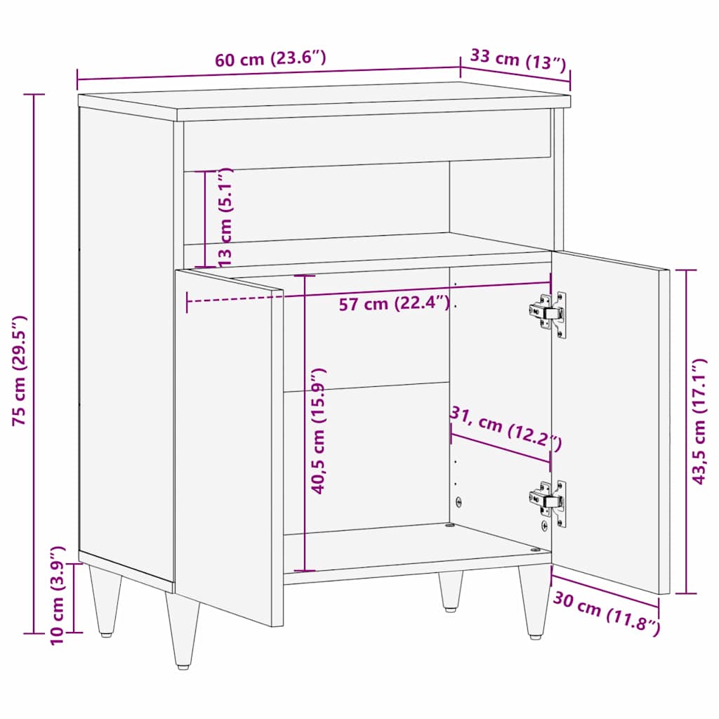 Credenza con porta Nero 60 x 33 x 75 cm Legno di mango massello | homemem39