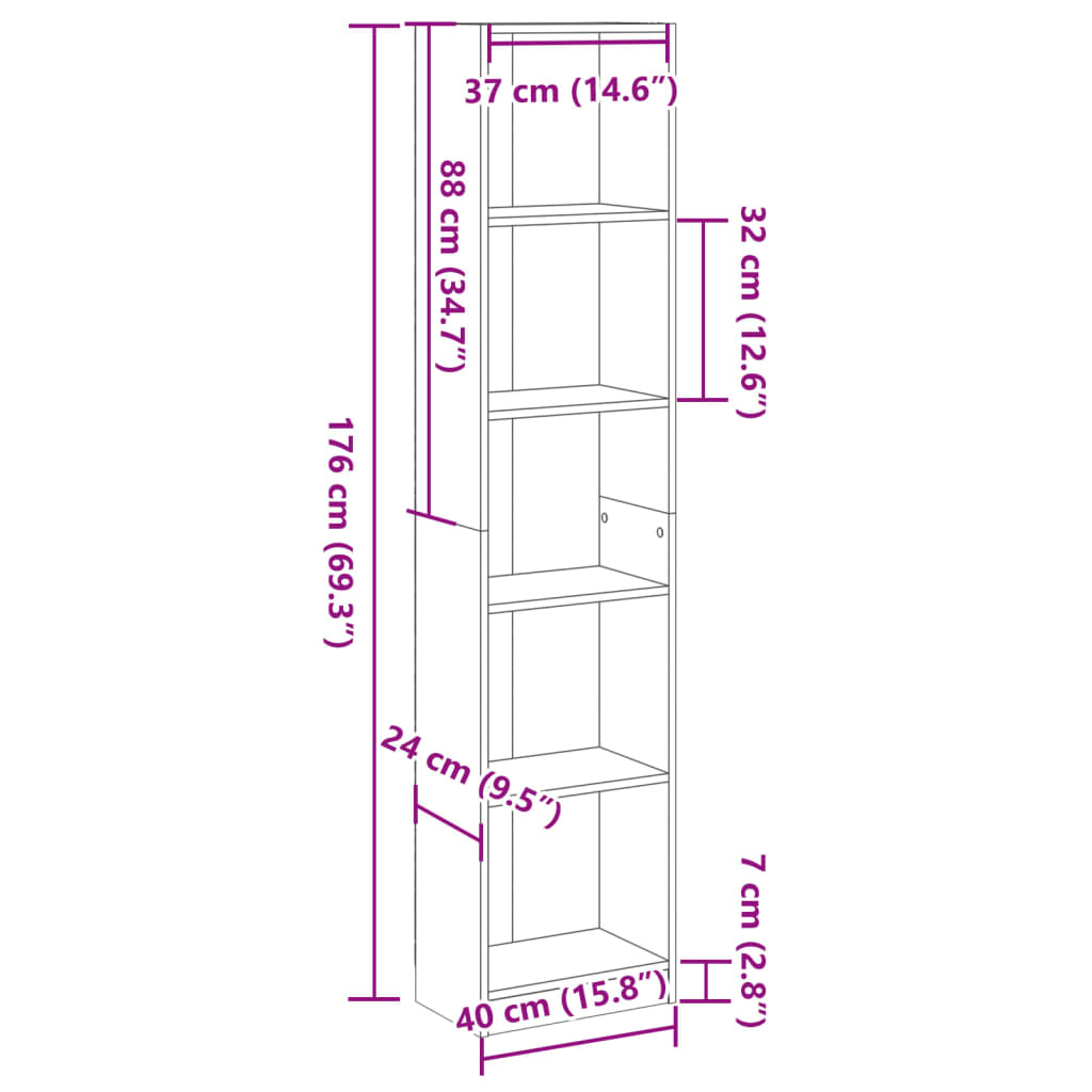 Libreria Nera 40x24x176 cm in Legno Multistrato