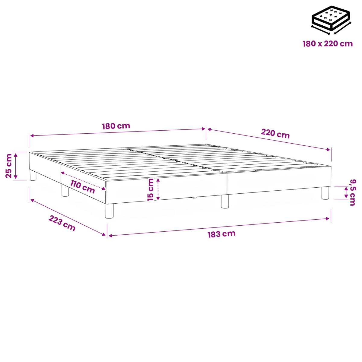 Letto a Molle senza Materasso Rosa 180x220 cm in Velluto