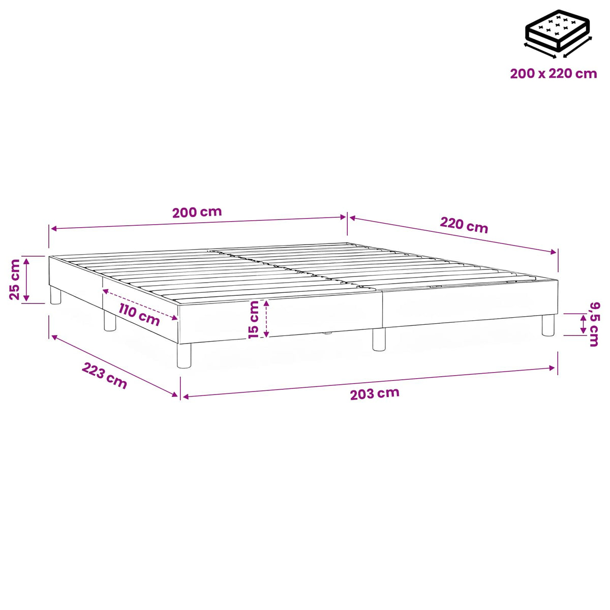 Letto a Molle senza Materasso Nero 200x220 cm in Velluto