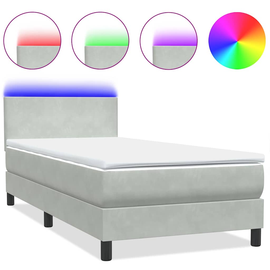 Letto a Molle con Materasso e LED grigio chiaro 90x210 cm Velluto