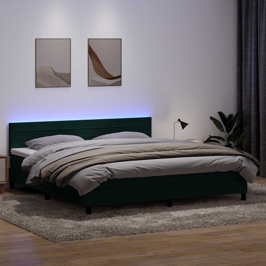 Letto a Molle con Materasso e LED Verde Scuro 180x220 cm Velluto | homemem39