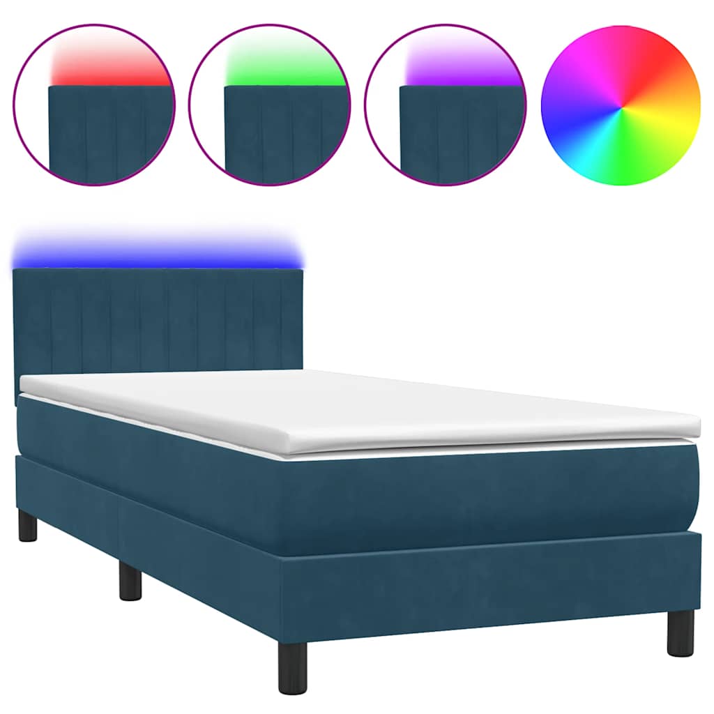 Letto a Molle con Materasso e LED Blu Scuro 80x220 cm Velluto